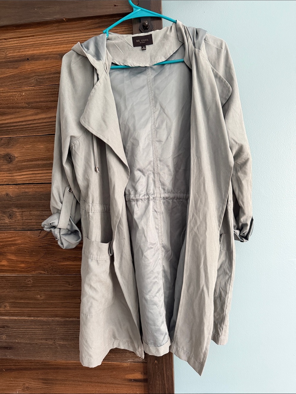BE COOL Women's Dusty Blue Hooded Trench with Drawstring Waist